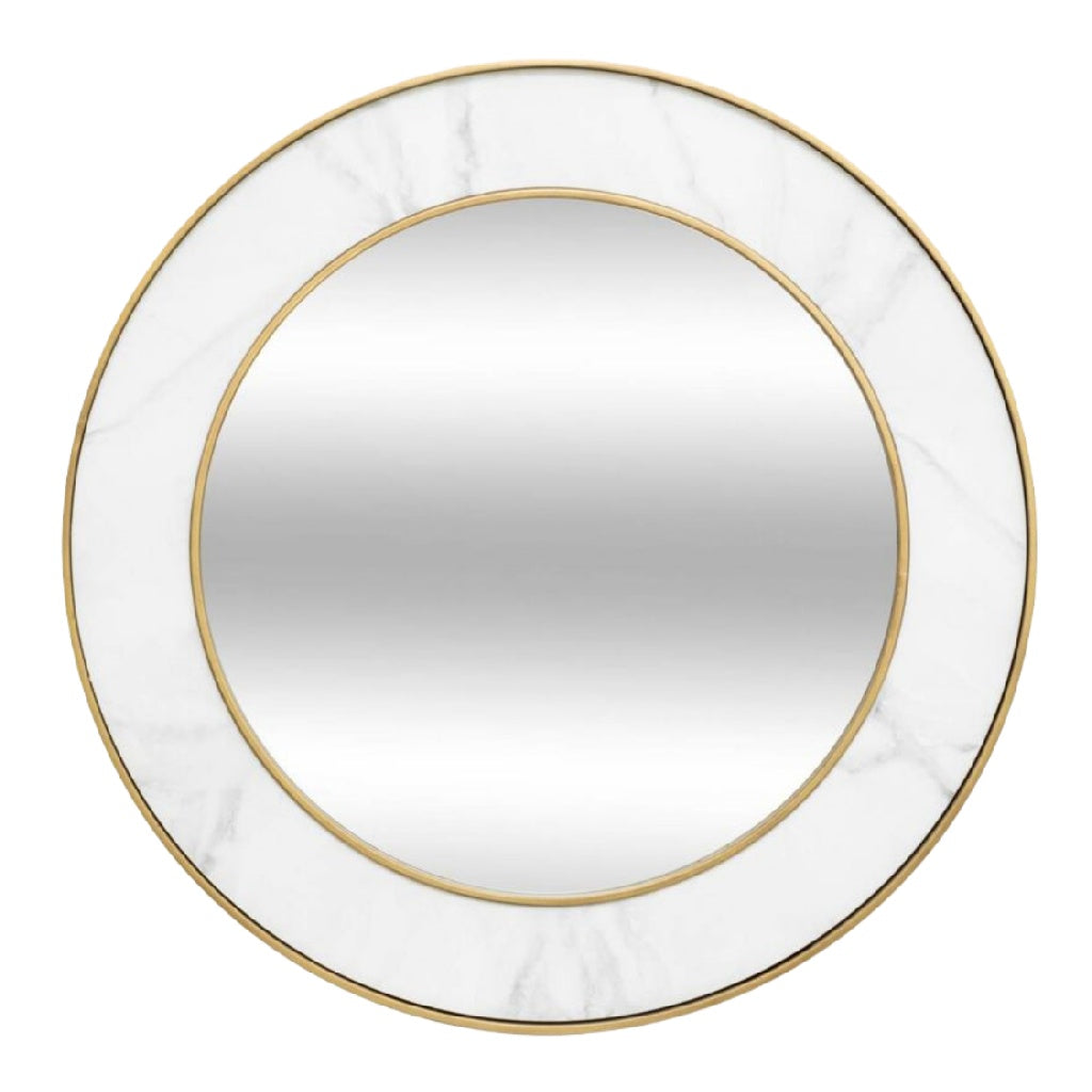 Espejo de pared redondo con marco de mármol y detalles dorados